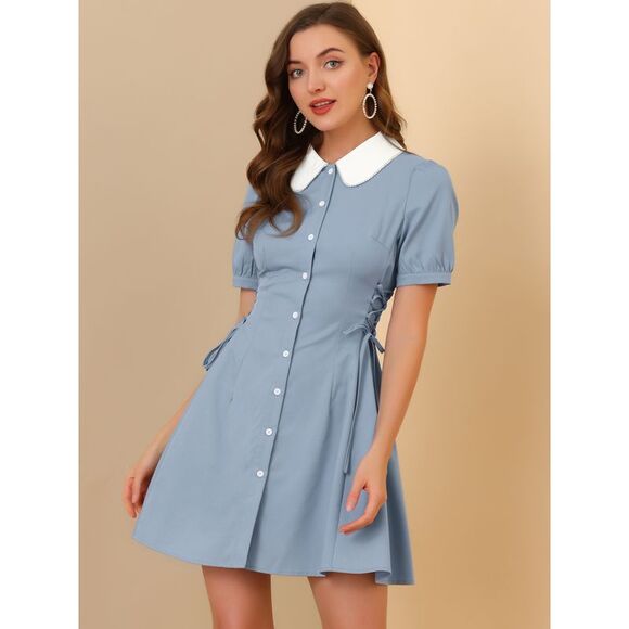 Vintage Peter Pan Collar Lace Up Button Down Dress Blue - Picture 2 of 6